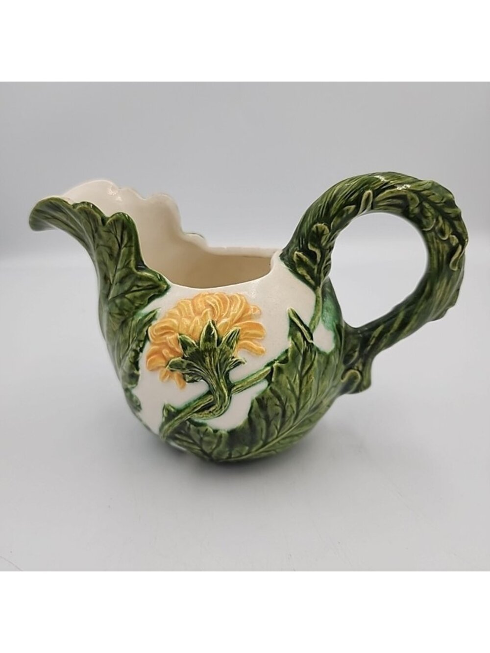 Vintage SUNFLOWER w/ GREEN LEAFS Ceramic Pitcher Creamer 4"